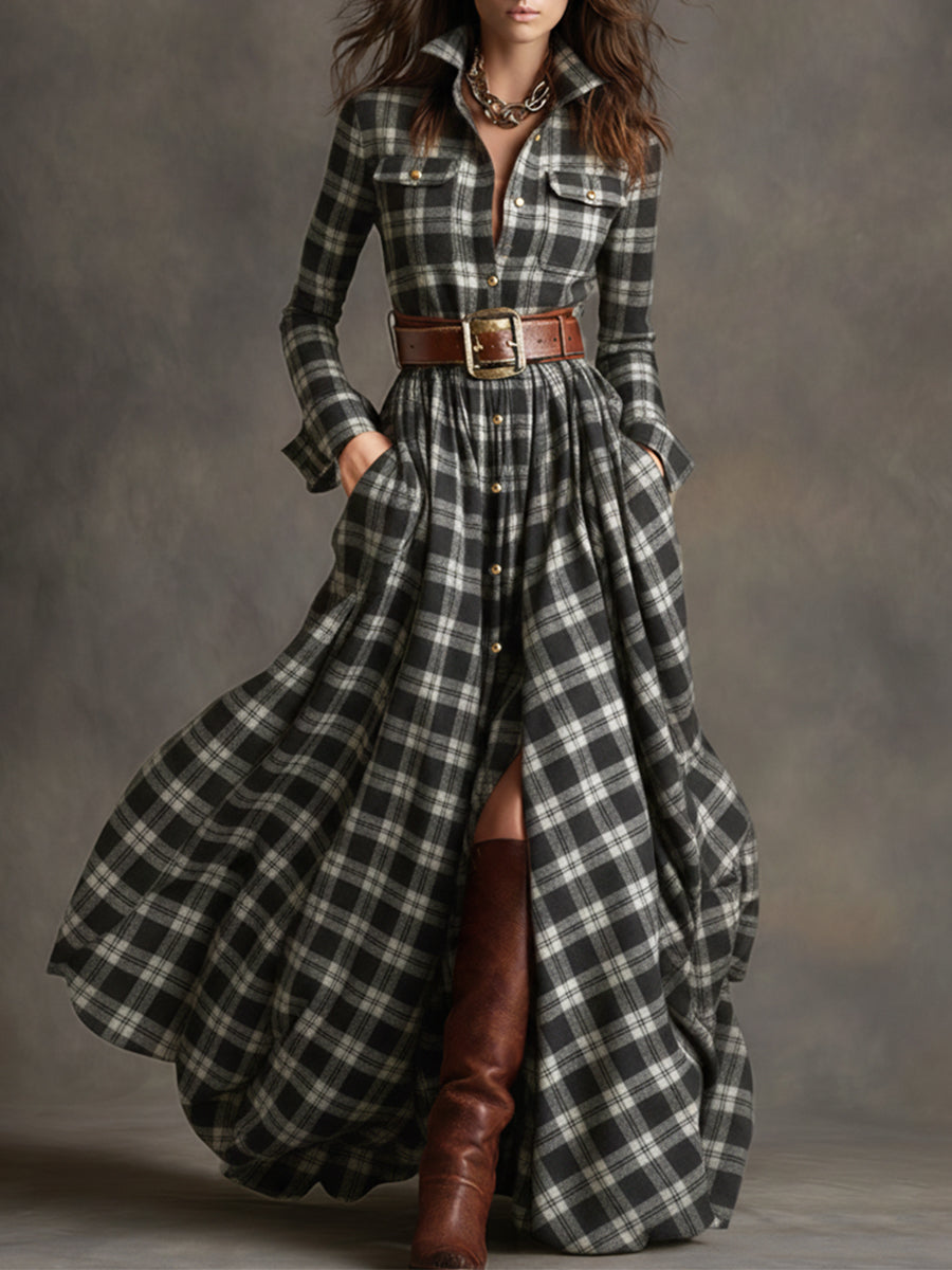 Johanna | Women's Retro Plaid Lapel Maxi Dress