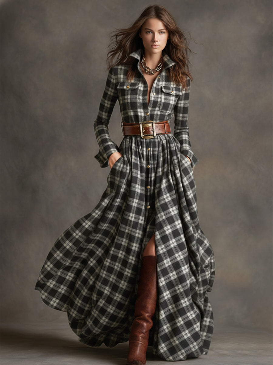 Johanna | Women's Retro Plaid Lapel Maxi Dress