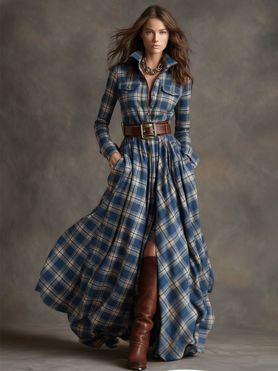 Johanna | Women's Retro Plaid Lapel Maxi Dress