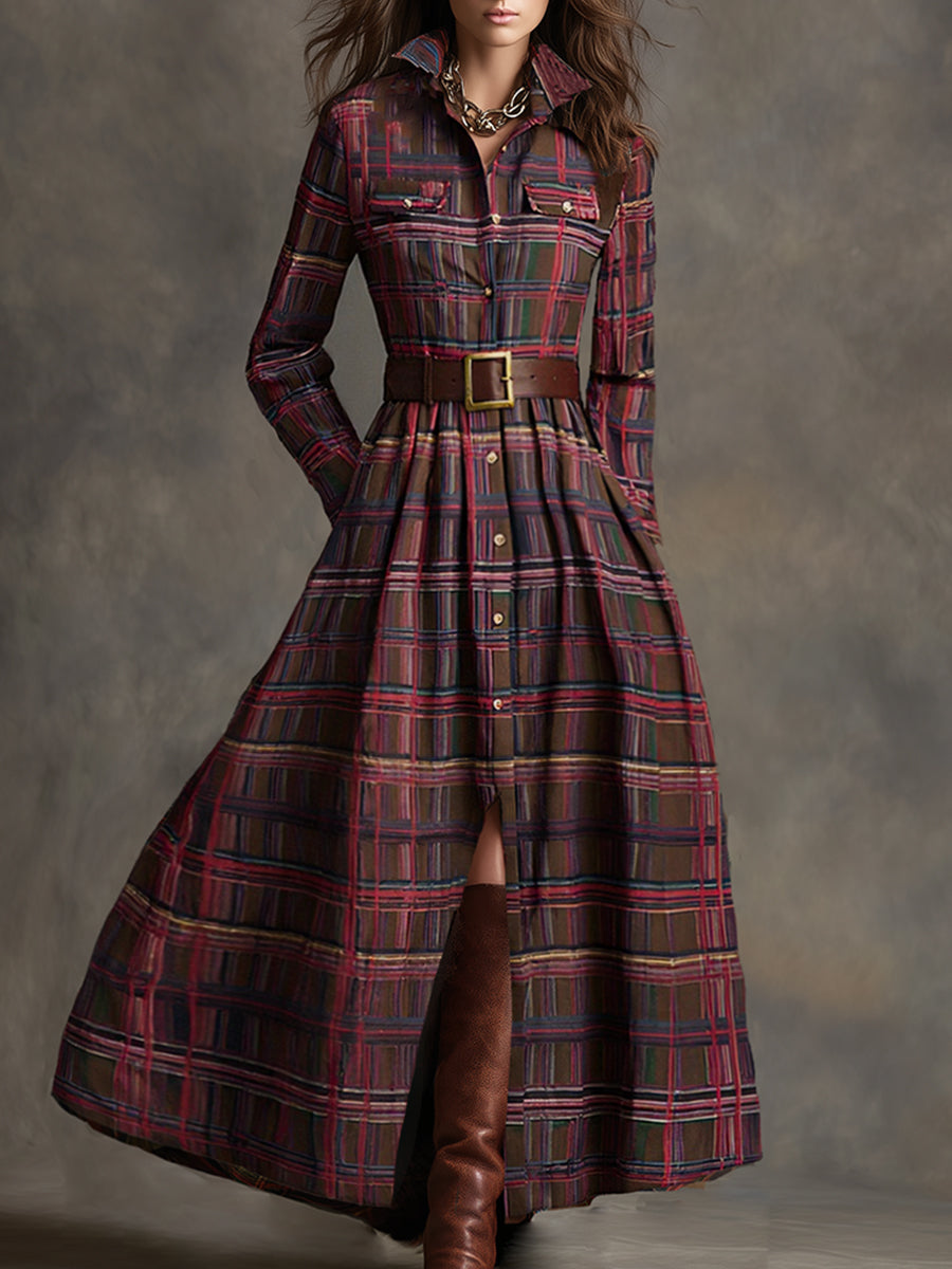 Johanna | Women's Retro Plaid Lapel Maxi Dress