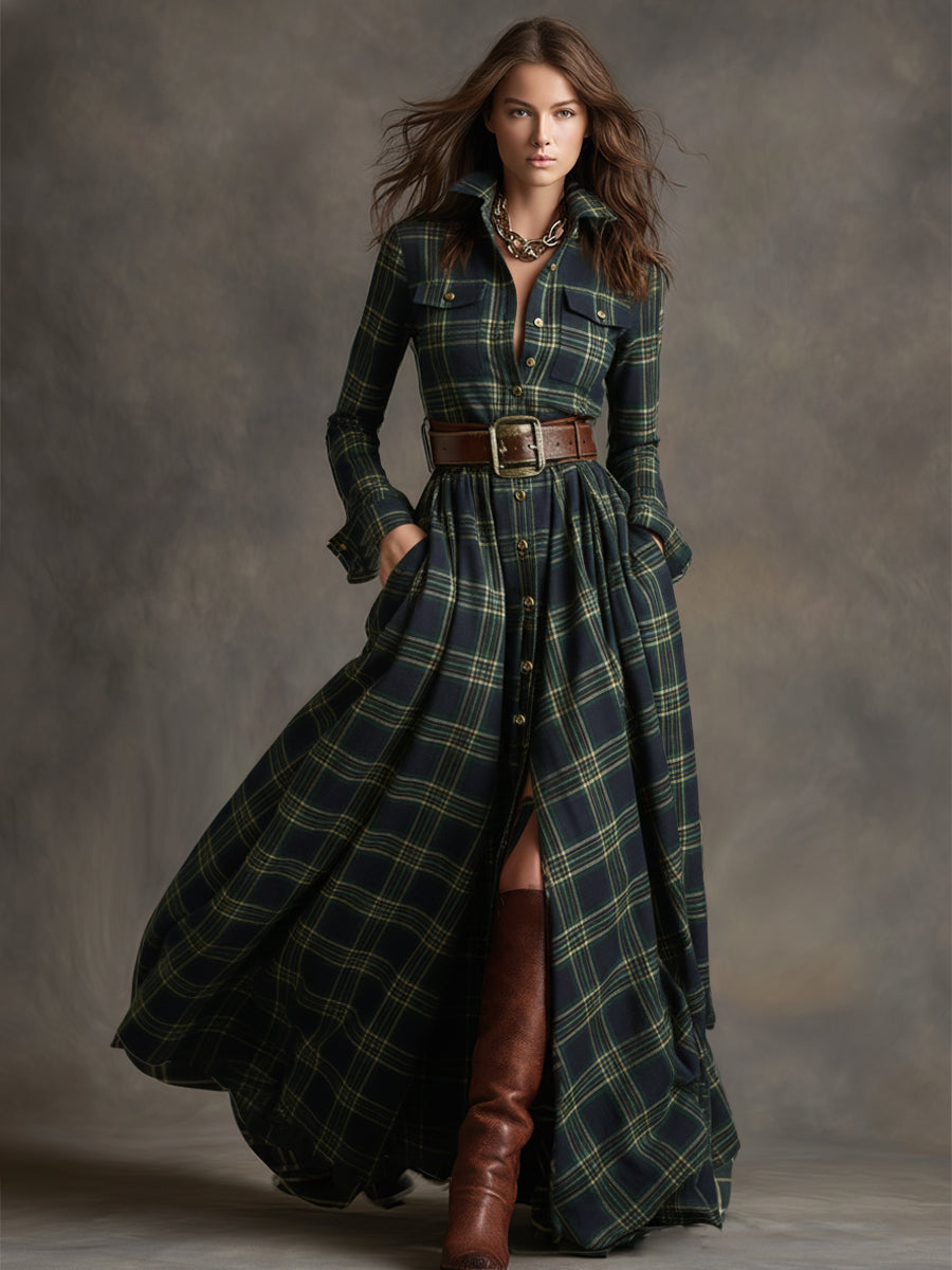 Johanna | Women's Retro Plaid Lapel Maxi Dress