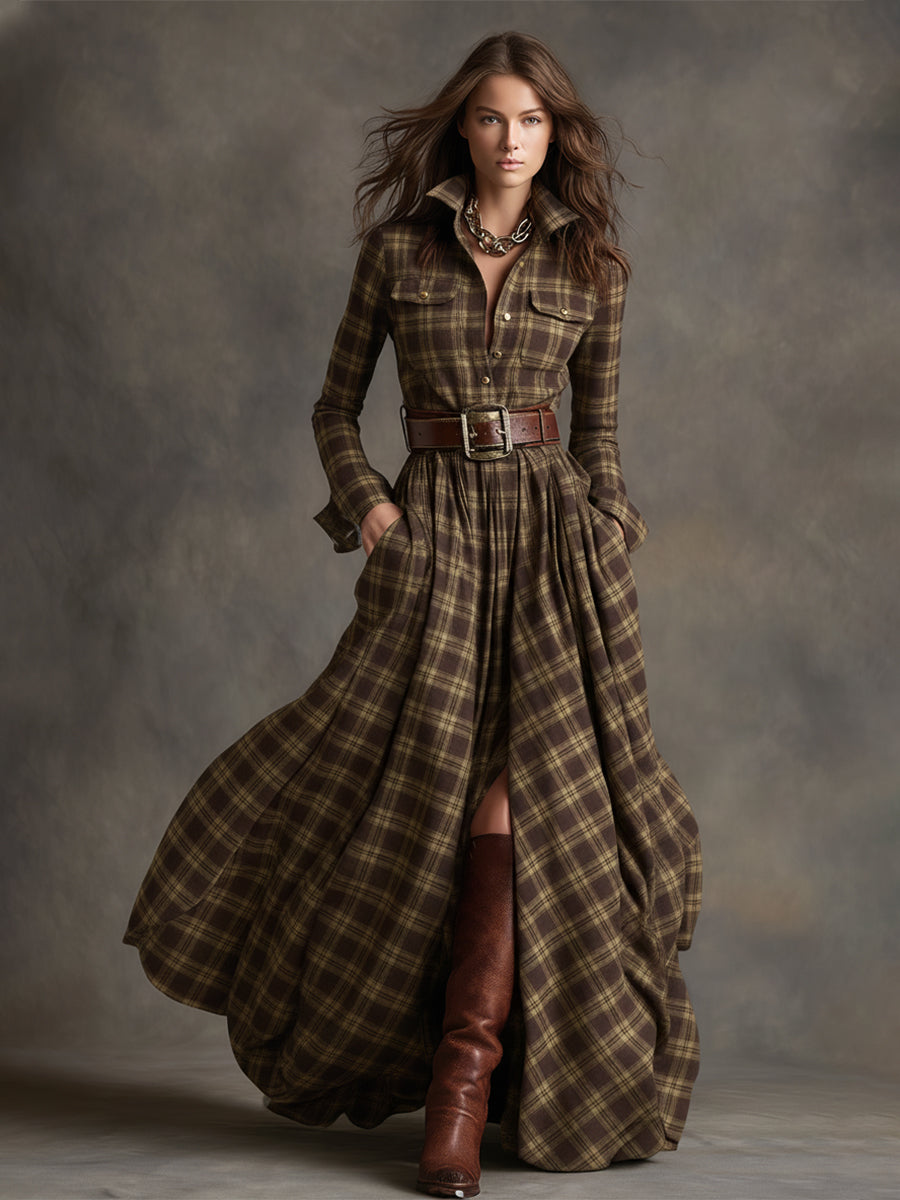 Johanna | Women's Retro Plaid Lapel Maxi Dress