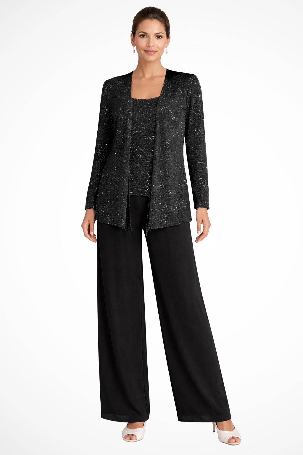 Miriam | Women's Sequin Lace Jacket Three Piece Wide Leg Trouser Suit