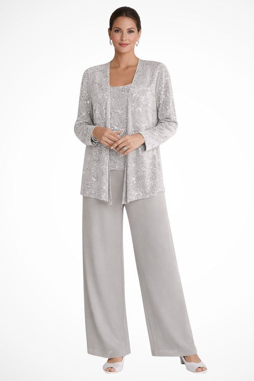 Miriam | Women's Sequin Lace Jacket Three Piece Wide Leg Trouser Suit