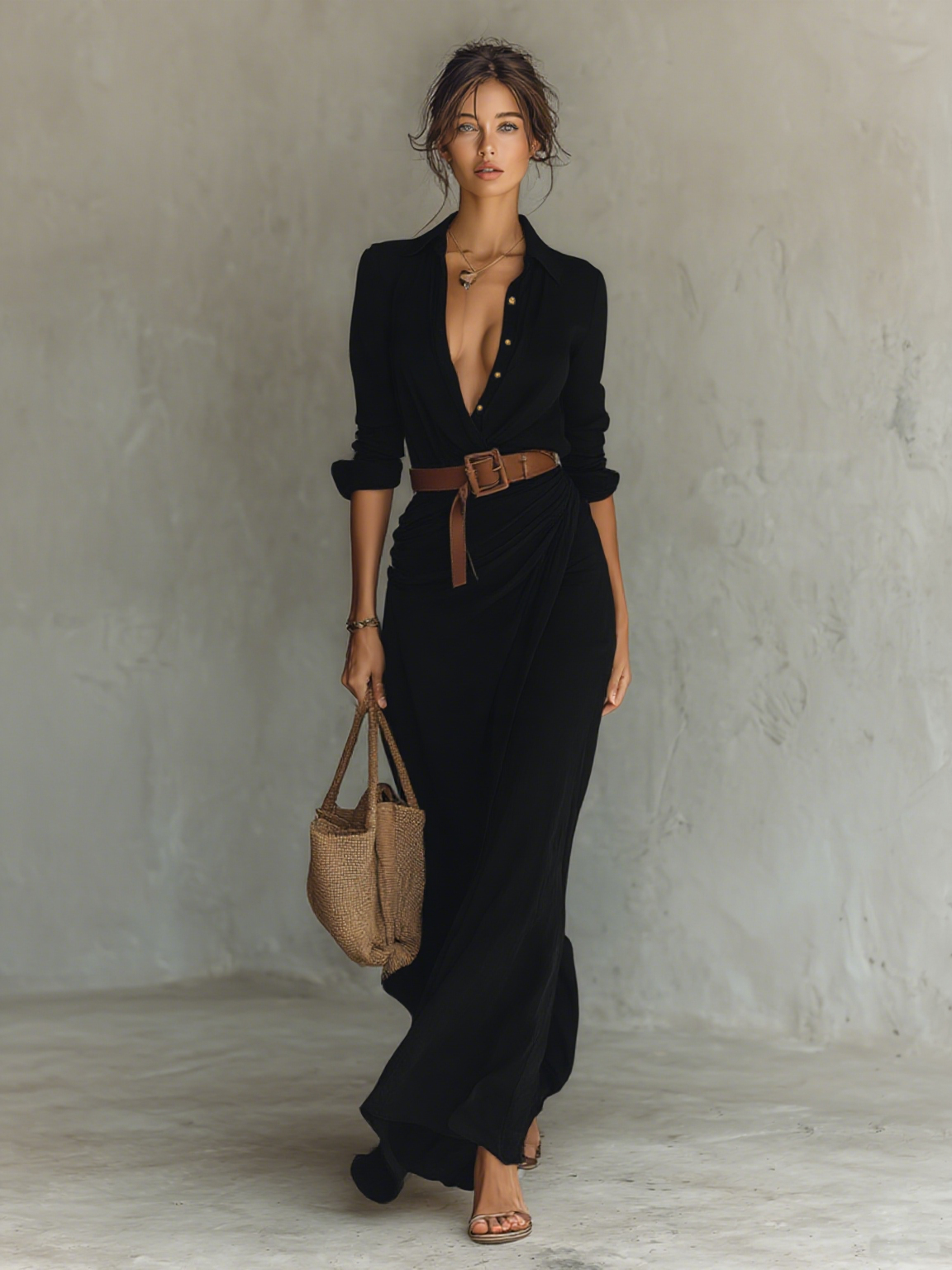 Henrietta | Women's Belted Lapel Long-Sleeve Maxi Dress