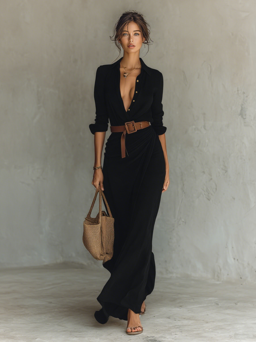 Henrietta | Women's Belted Lapel Long-Sleeve Maxi Dress