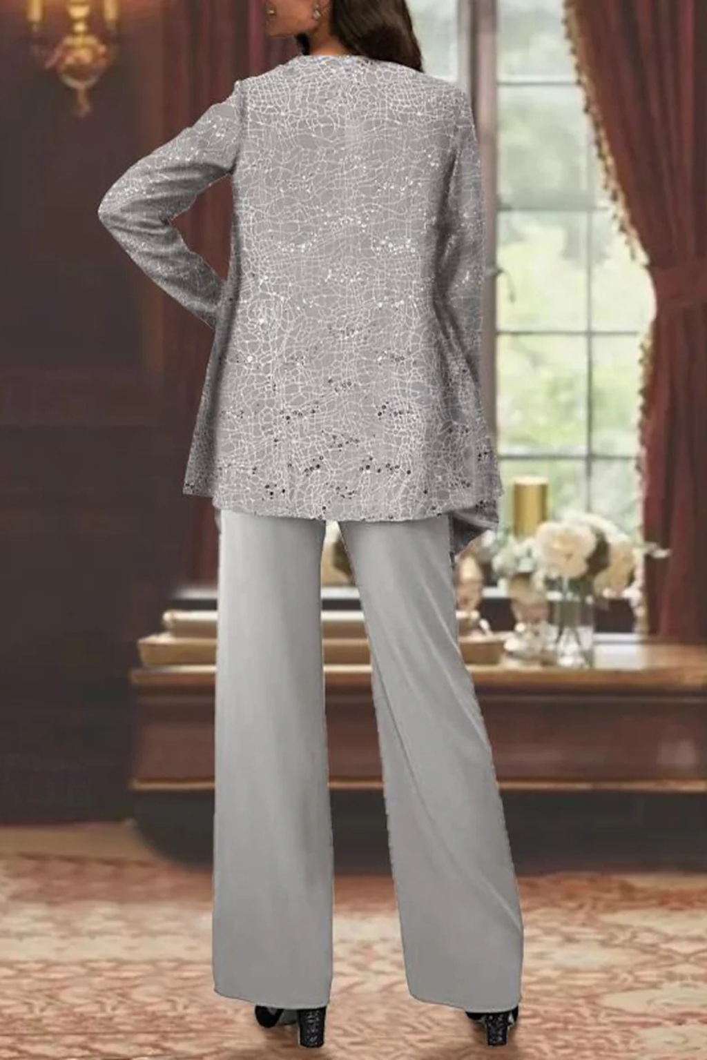 Miriam | Women's Sequin Lace Jacket Three Piece Wide Leg Trouser Suit