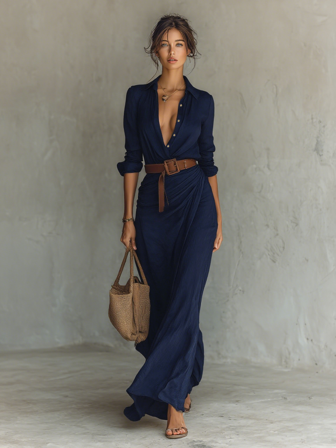 Henrietta | Women's Belted Lapel Long-Sleeve Maxi Dress