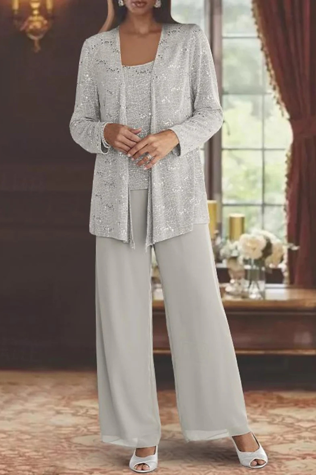 Miriam | Women's Sequin Lace Jacket Three Piece Wide Leg Trouser Suit