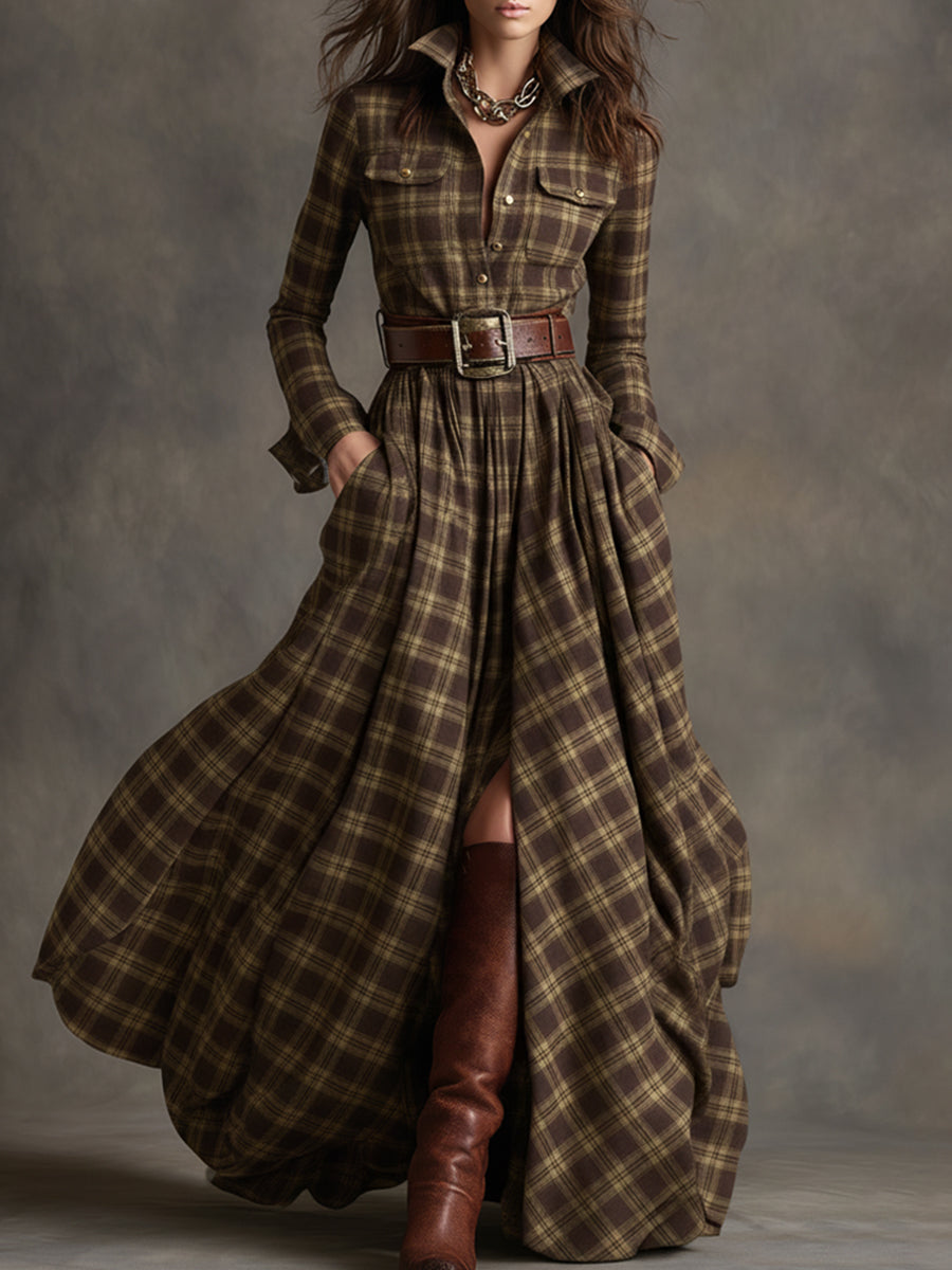 Johanna | Women's Retro Plaid Lapel Maxi Dress