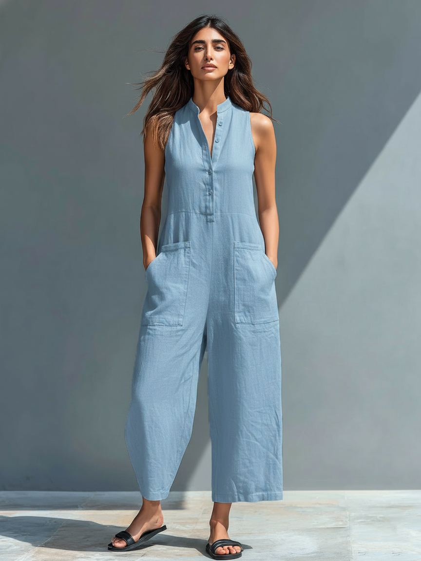 Elena | Women's Minimalist Linen Blend Sleeveless Jumpsuit