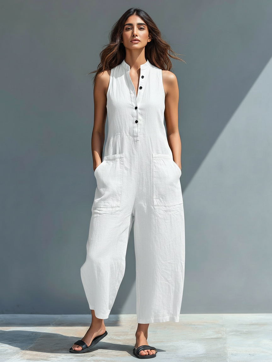 Elena | Women's Minimalist Linen Blend Sleeveless Jumpsuit