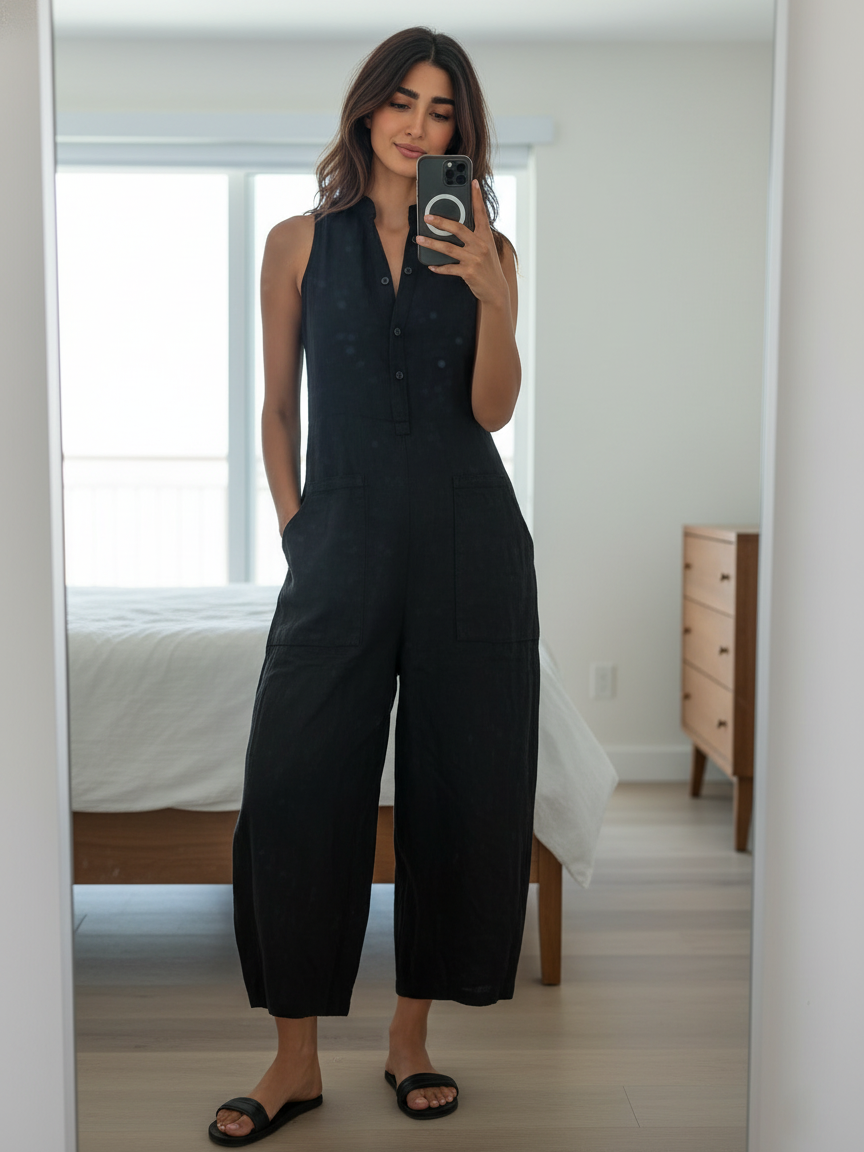 Elena | Women's Minimalist Linen Blend Sleeveless Jumpsuit