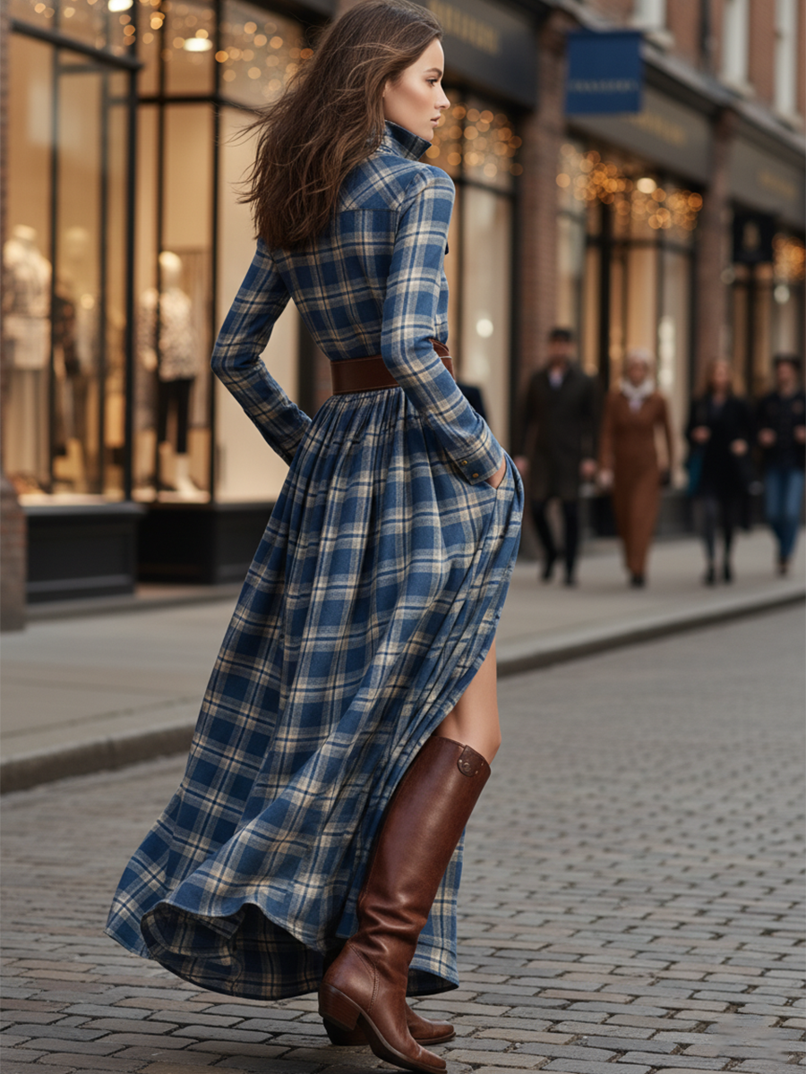 Johanna | Women's Retro Plaid Lapel Maxi Dress