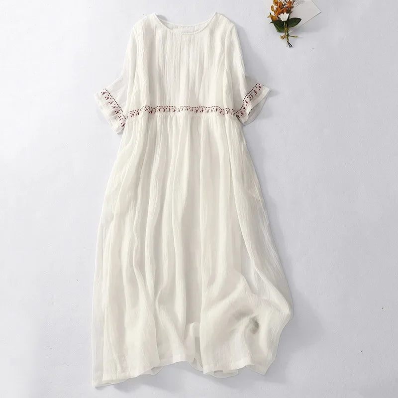 Maribel | Women's Embroidered Cotton-Linen Midi Dress