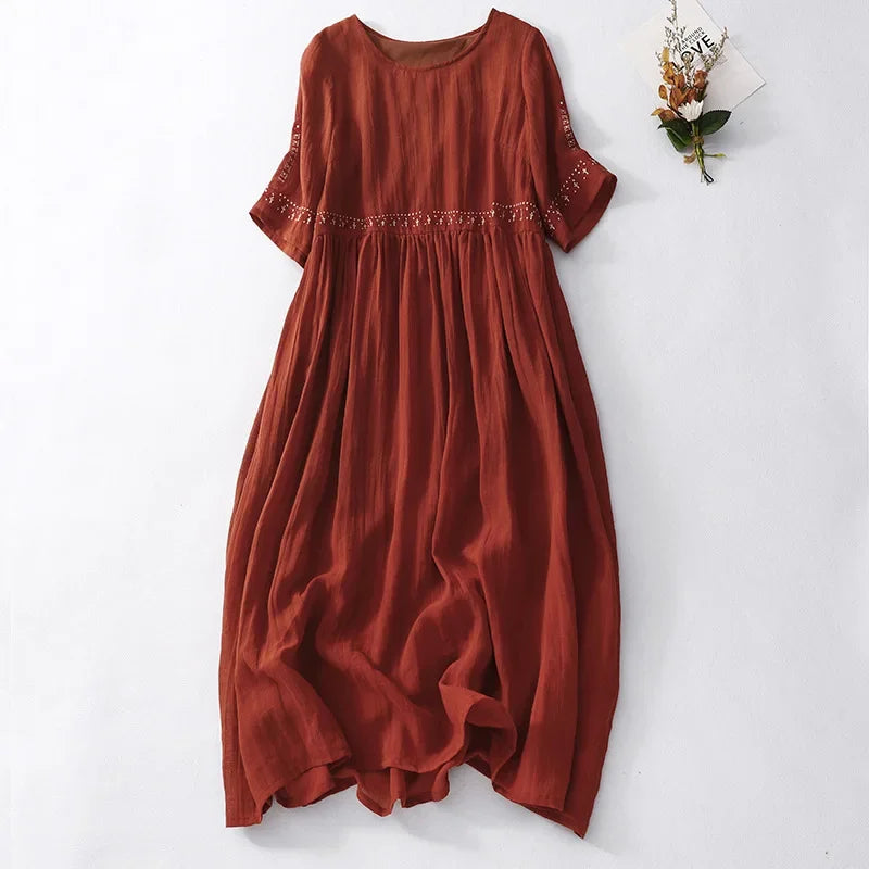 Maribel | Women's Embroidered Cotton-Linen Midi Dress