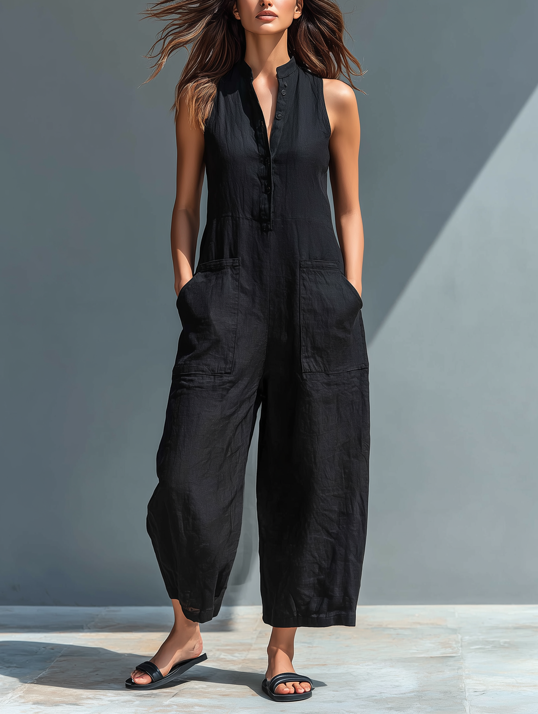 Elena | Women's Minimalist Linen Blend Sleeveless Jumpsuit