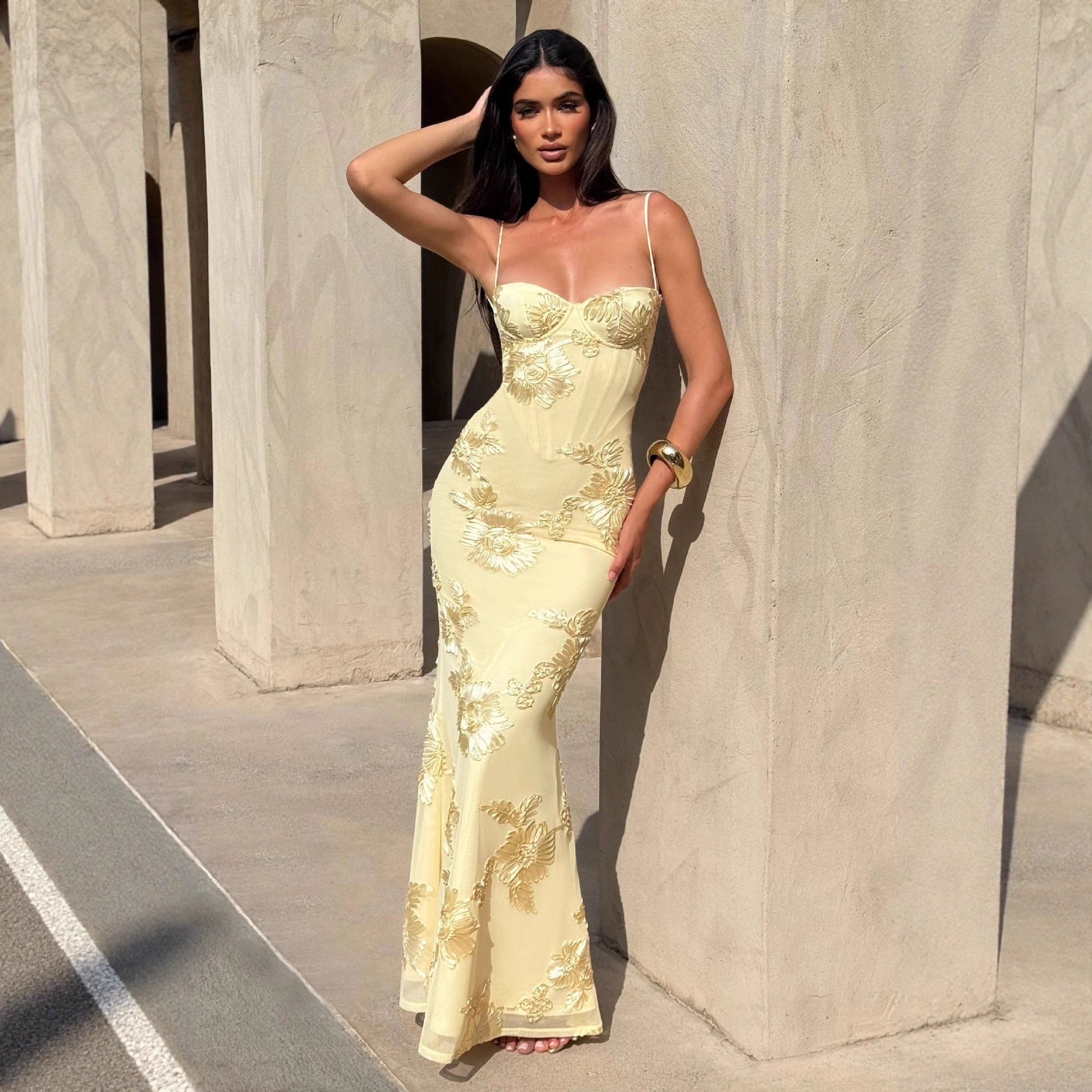Aelara | Women's Floral Embellished Maxi Wedding Guest Dress