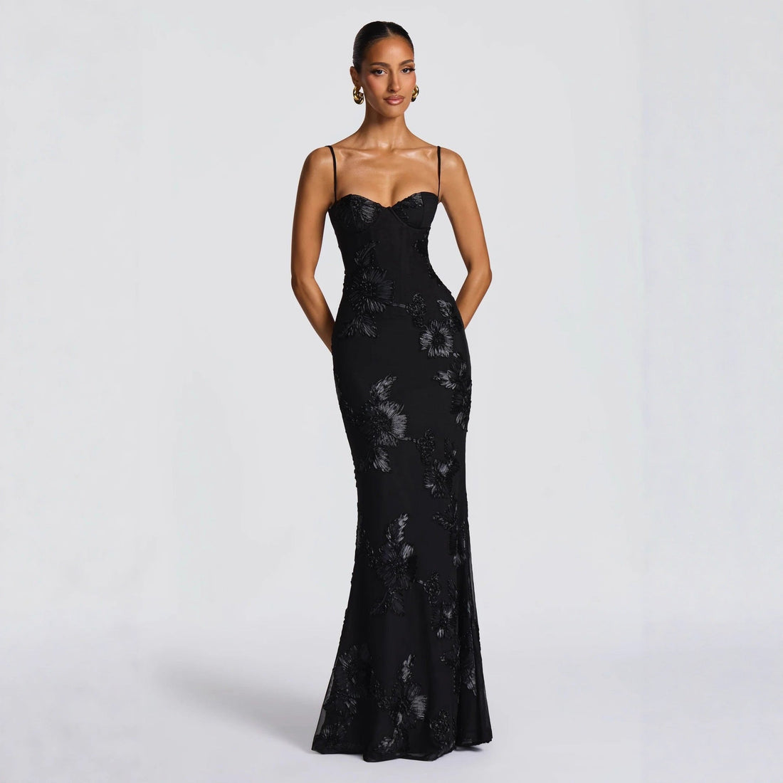 Aelara | Women's Floral Embellished Maxi Wedding Guest Dress