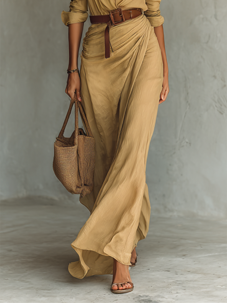 Henrietta | Women's Belted Lapel Long-Sleeve Maxi Dress