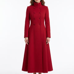 Petra Women's Double-Breasted High-Collar Maxi Trench Coat in red, front view