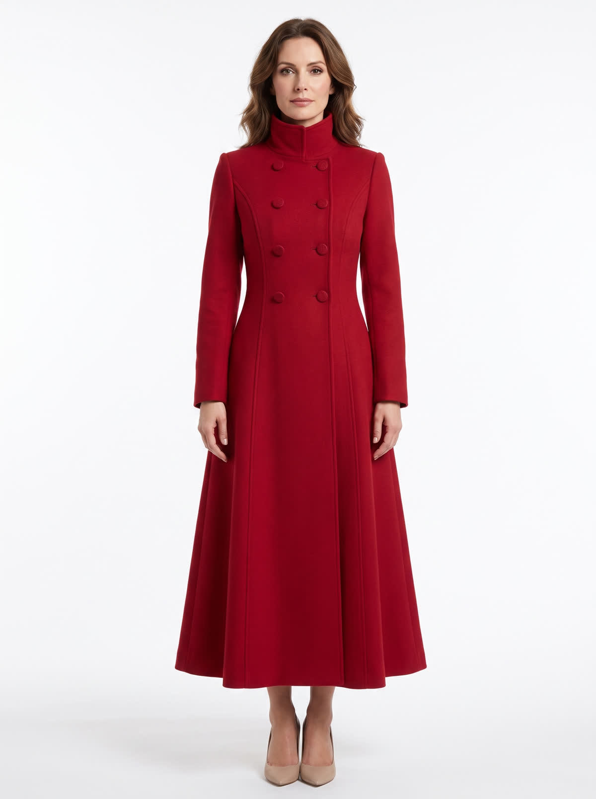Petra Women's Double-Breasted High-Collar Maxi Trench Coat in red, front view