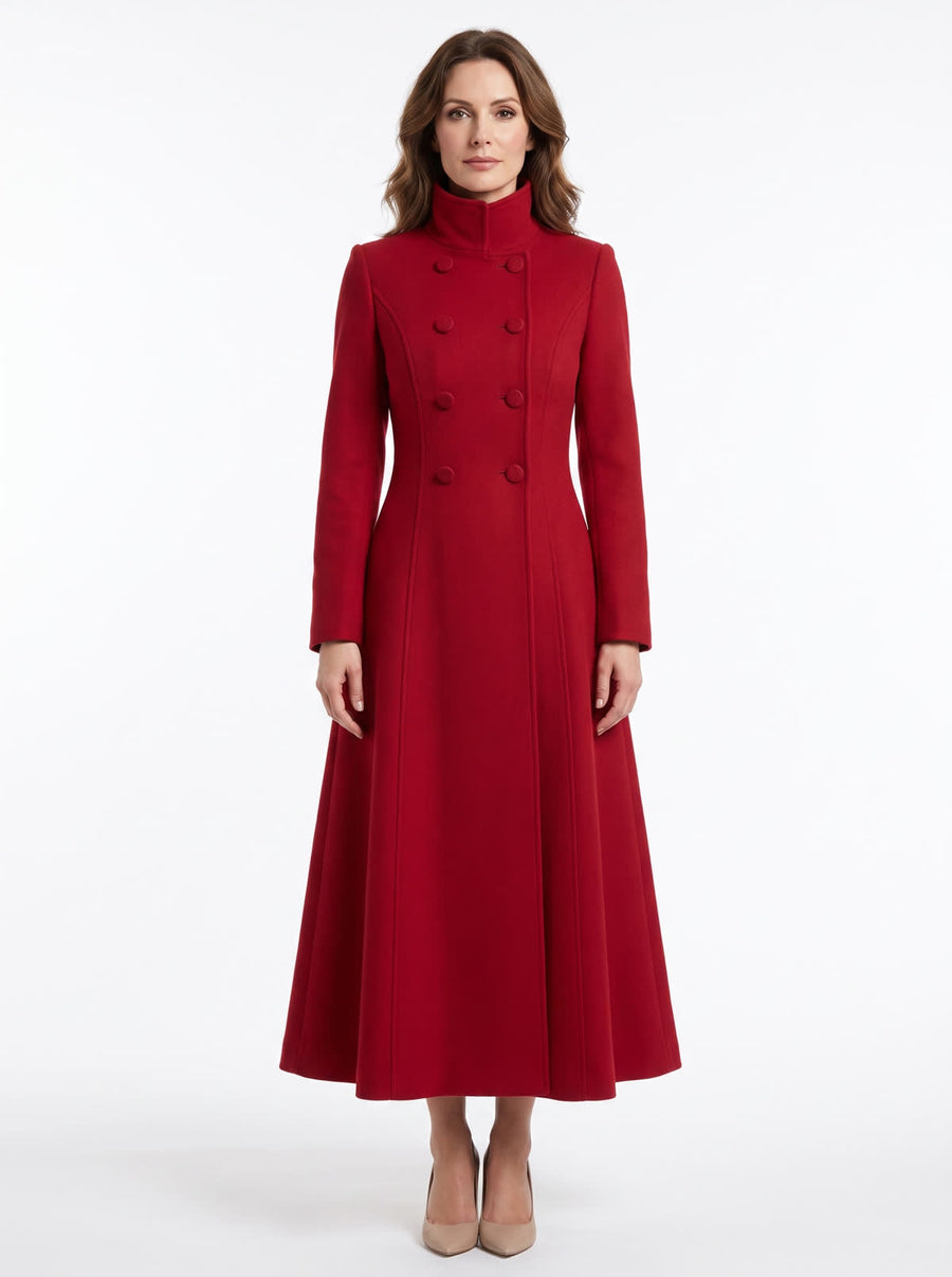 Petra Women's Double-Breasted High-Collar Maxi Trench Coat in red, front view