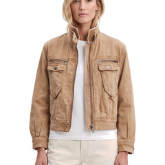 Veronica Women's Stand-Collar Denim Jacket in brown worn by a model