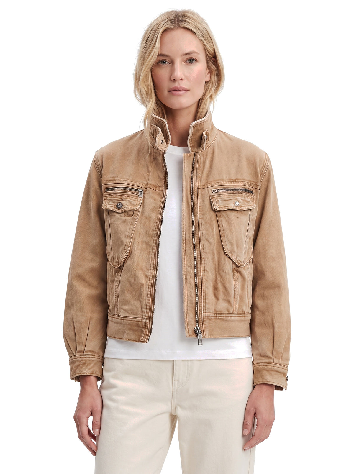 Veronica Women's Stand-Collar Denim Jacket in brown worn by a model