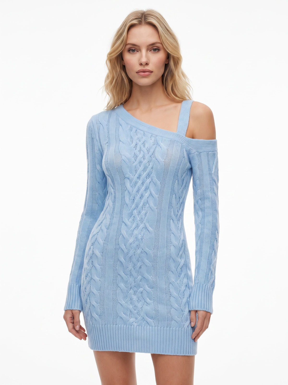 Rosemary women's asymmetric cold-shoulder cable knit sweater dress in light blue