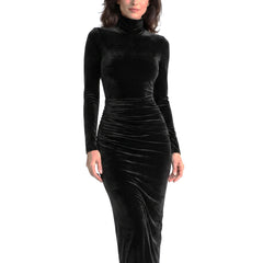 Stella Women's Ruched Velvet Turtleneck Midi Dress in black