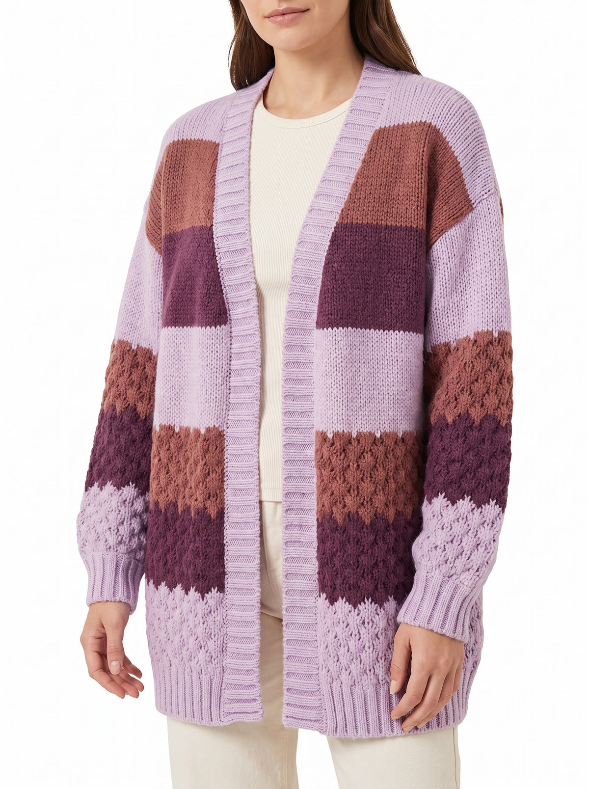 Verna Women's Oversized Chunky Knit Cardigan in purple colour-block chunky knit