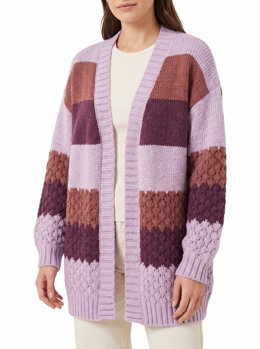 Verna Women's Oversized Chunky Knit Cardigan in purple colour-block chunky knit
