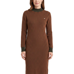 Zelda Women's Ribbed Mock Neck Sweater Dress in brown worn by a model