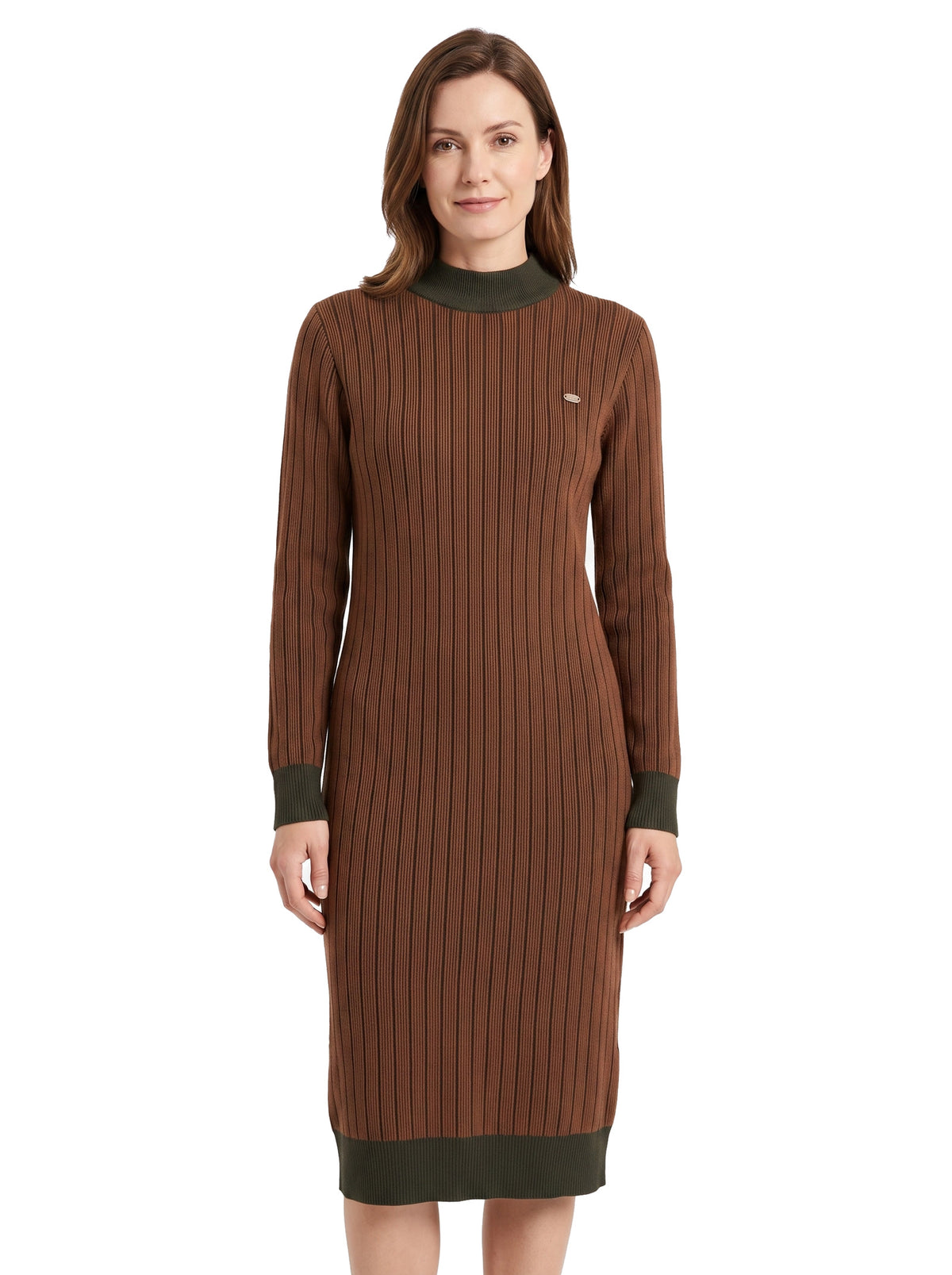 Zelda Women's Ribbed Mock Neck Sweater Dress in brown worn by a model