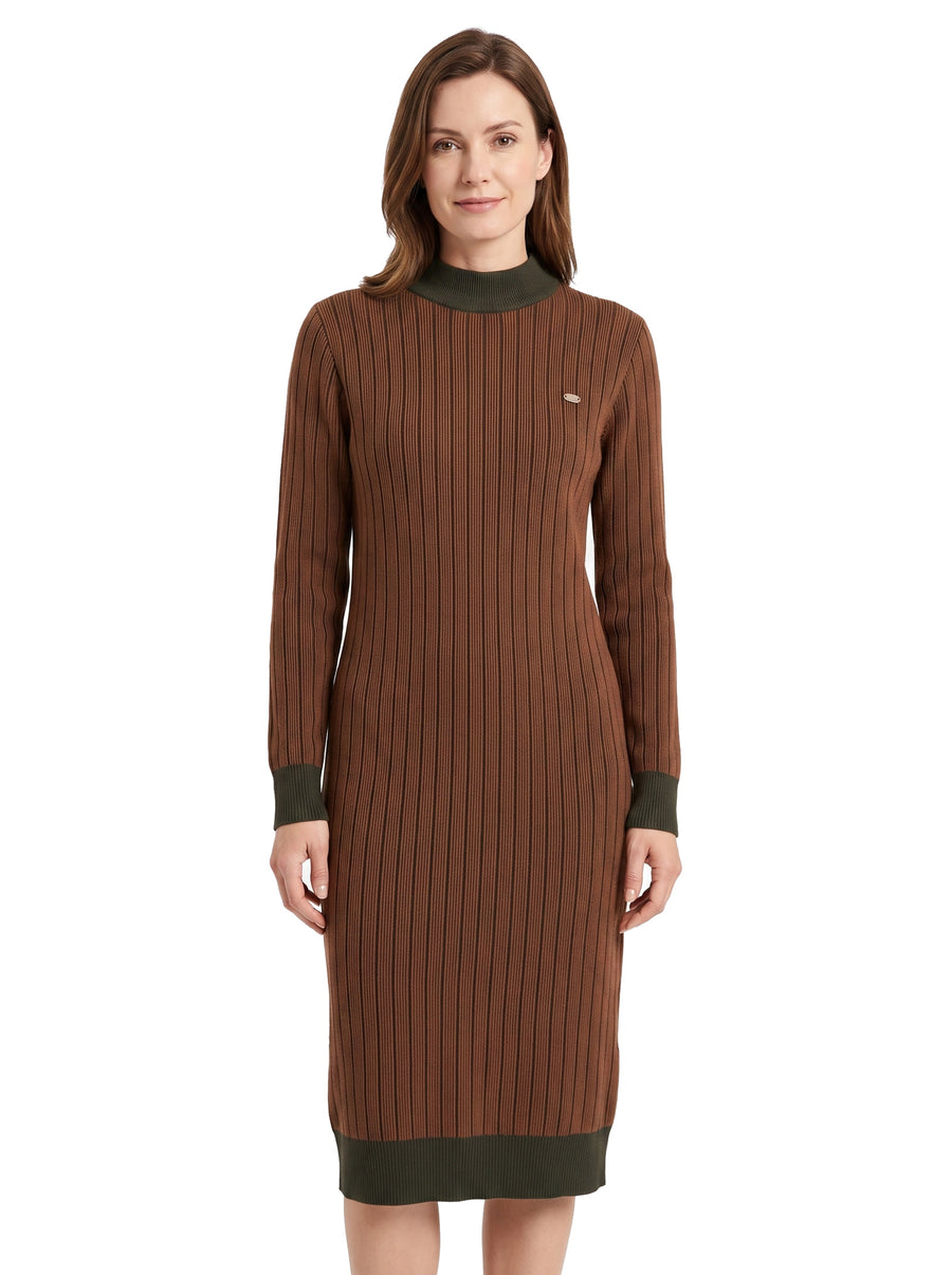 Zelda Women's Ribbed Mock Neck Sweater Dress in brown worn by a model