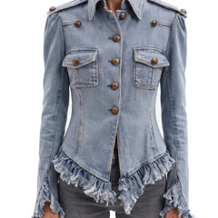 Wilhelmina-Regina Women's Frayed Ruffle Denim Jacket