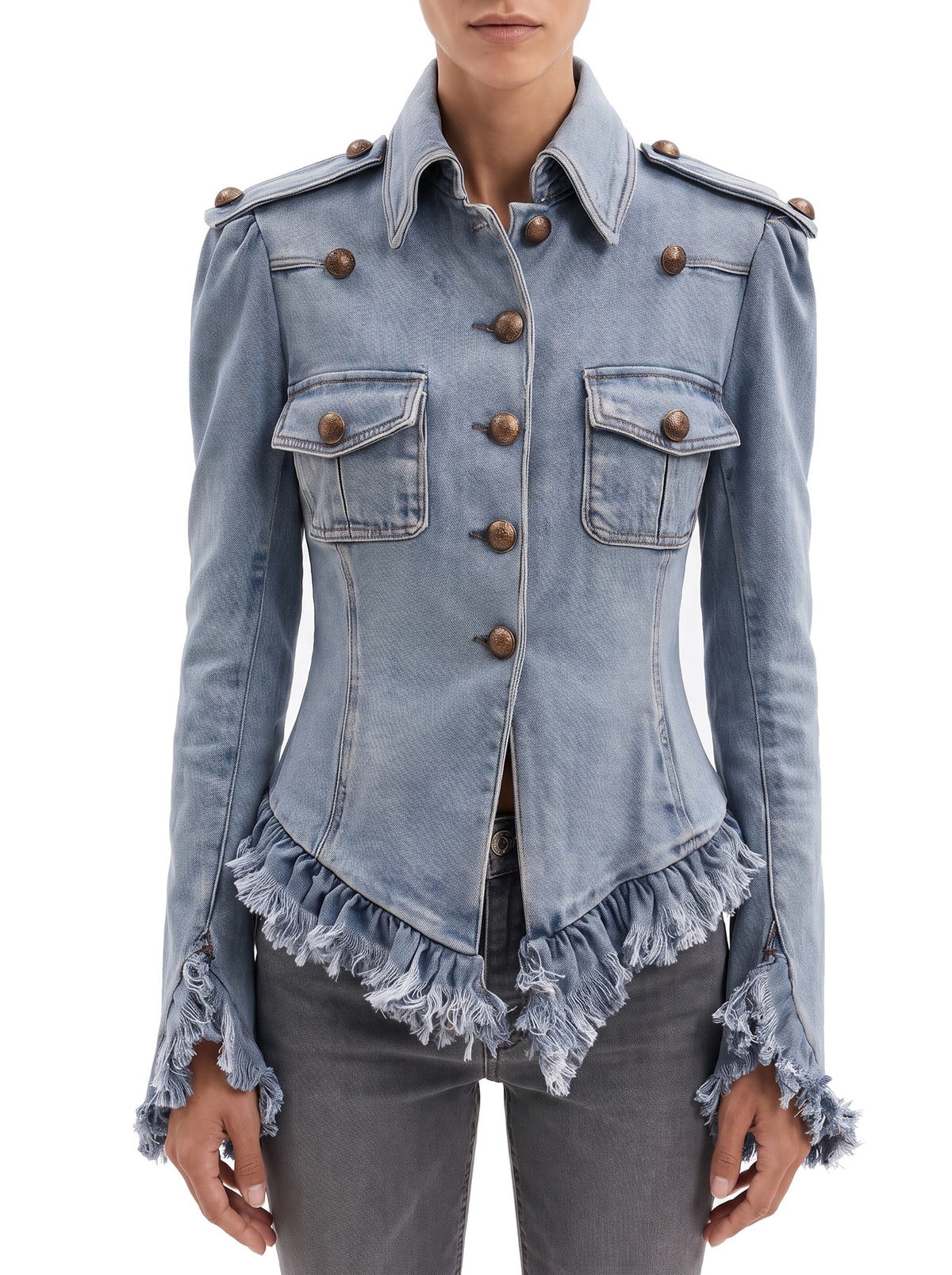 Wilhelmina-Regina Women's Frayed Ruffle Denim Jacket