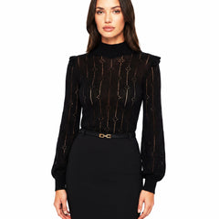 Odette-Olive Women's Cut-Out Knit Sweater Dress in black, worn by a model on a white studio background