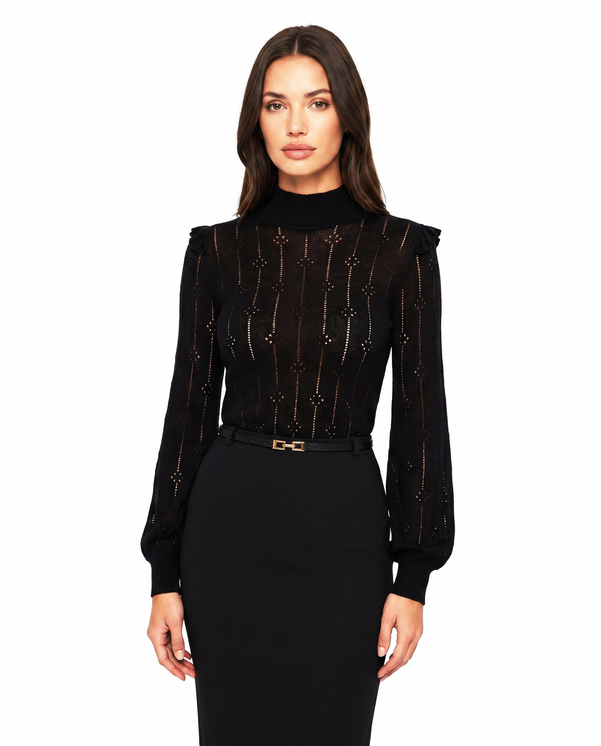 Odette-Olive Women's Cut-Out Knit Sweater Dress in black, worn by a model on a white studio background