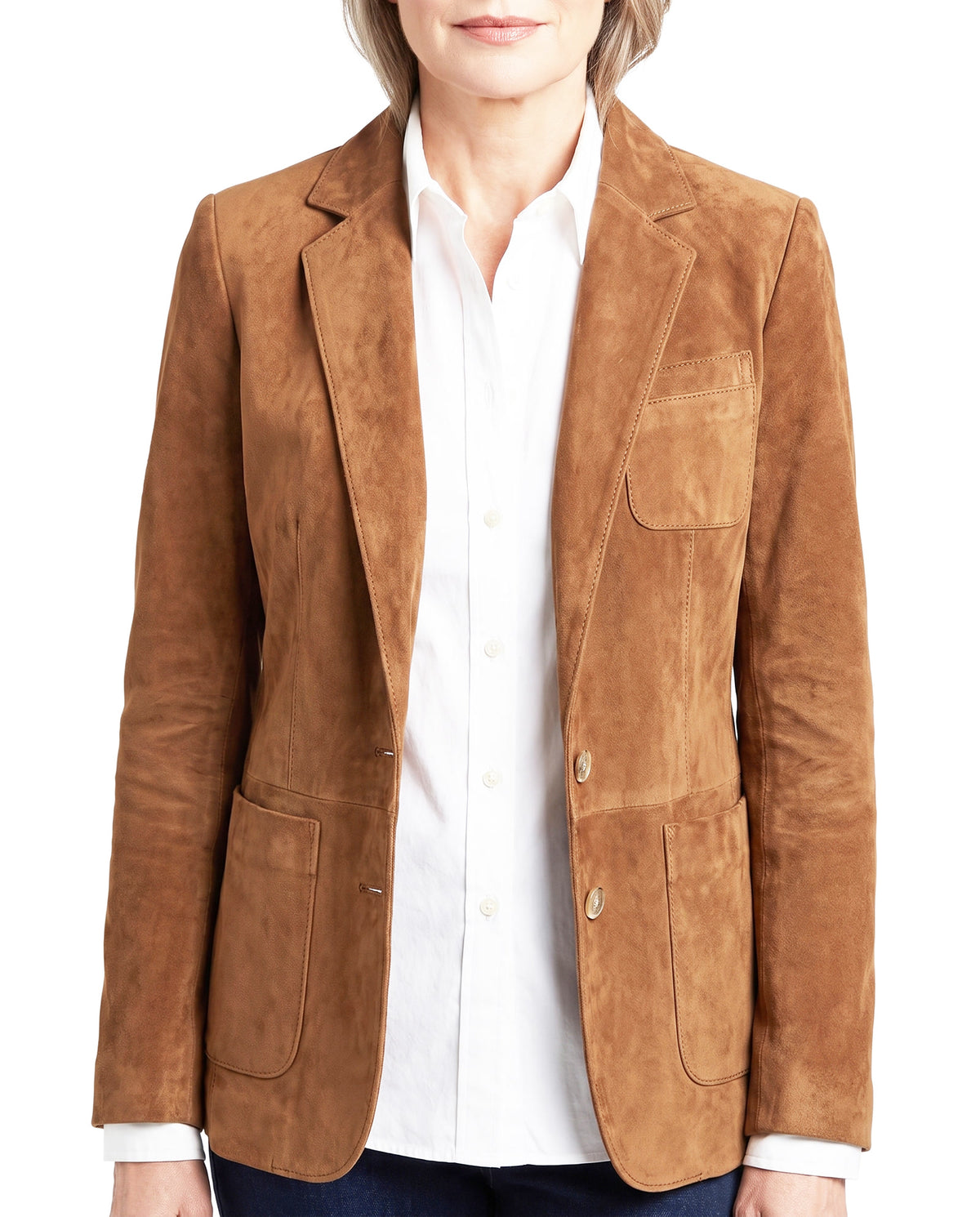 Cordelia-Clara women's soft suede-touch tailored blazer in cognac brown