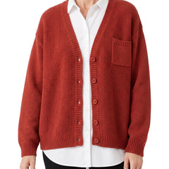 Women's oversized red knit pocket cardigan worn open over a white shirt
