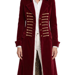 Women's Military-Style Velvet Trench Coat in red velvet with gold buttons