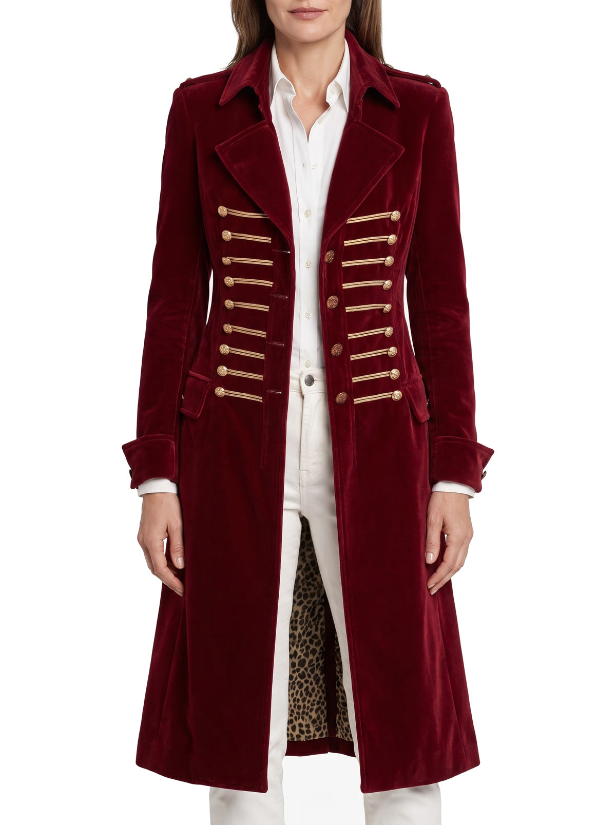 Women's Military-Style Velvet Trench Coat in red velvet with gold buttons
