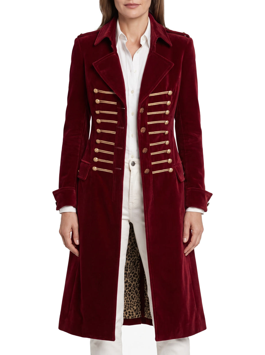 Women's Military-Style Velvet Trench Coat in red velvet with gold buttons