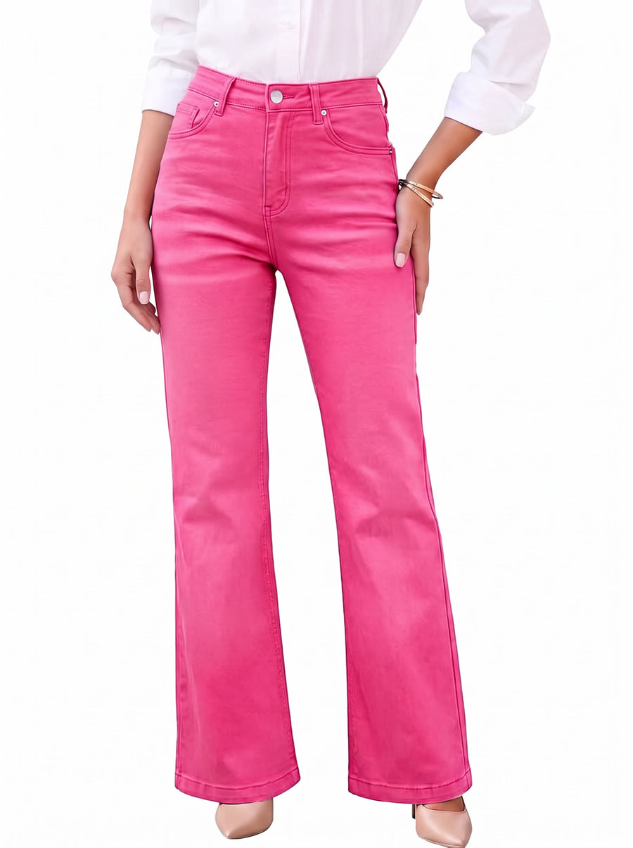 Women's high-rise wide leg flare jeans in hot pink