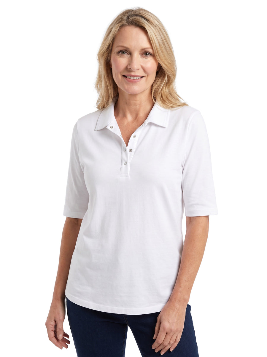 Women's white polo collar cotton henley top