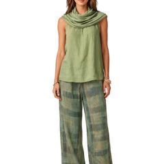 Frida-Zelda women's flowing sage green blouse and green check wide-leg trousers set