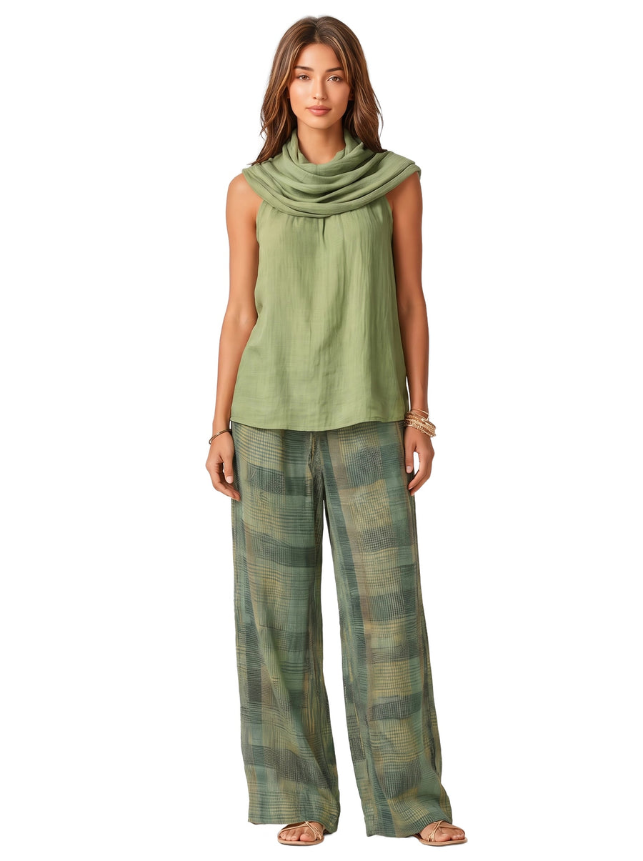 Frida-Zelda women's flowing sage green blouse and green check wide-leg trousers set