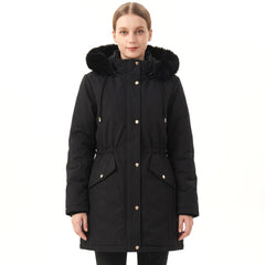 Olive-Pearl Women's Long Belted Puffer Jacket with Faux Fur Hood in black